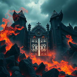 A grand and ominous gate resembling the entrance to the underworld, surrounded by jagged, blackened rocks and engulfed in swirling mists of red and orange