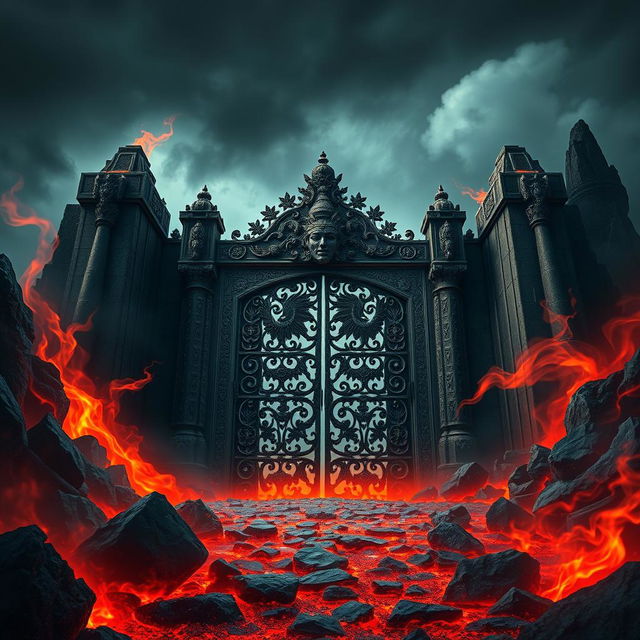 A grand and ominous gate resembling the entrance to the underworld, surrounded by jagged, blackened rocks and engulfed in swirling mists of red and orange