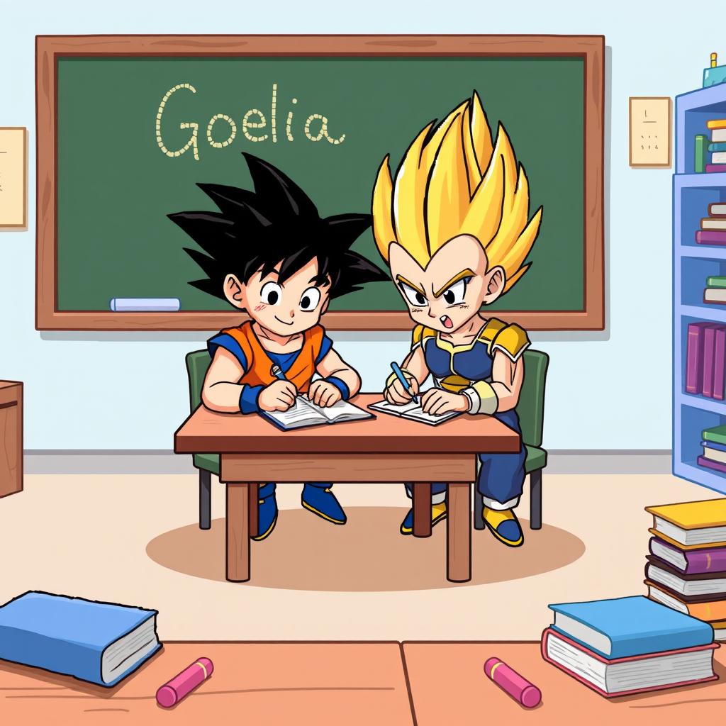 8-bit style animated Goku and Vegeta sitting and writing in a notebook on a wooden table