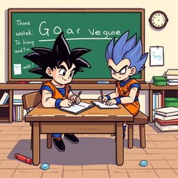 8-bit style animated Goku and Vegeta sitting and writing in a notebook on a wooden table