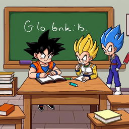 8-bit style animated Goku and Vegeta sitting and writing in a notebook on a wooden table