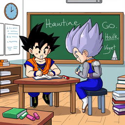 8-bit style animated Goku and Vegeta sitting and writing in a notebook on a wooden table