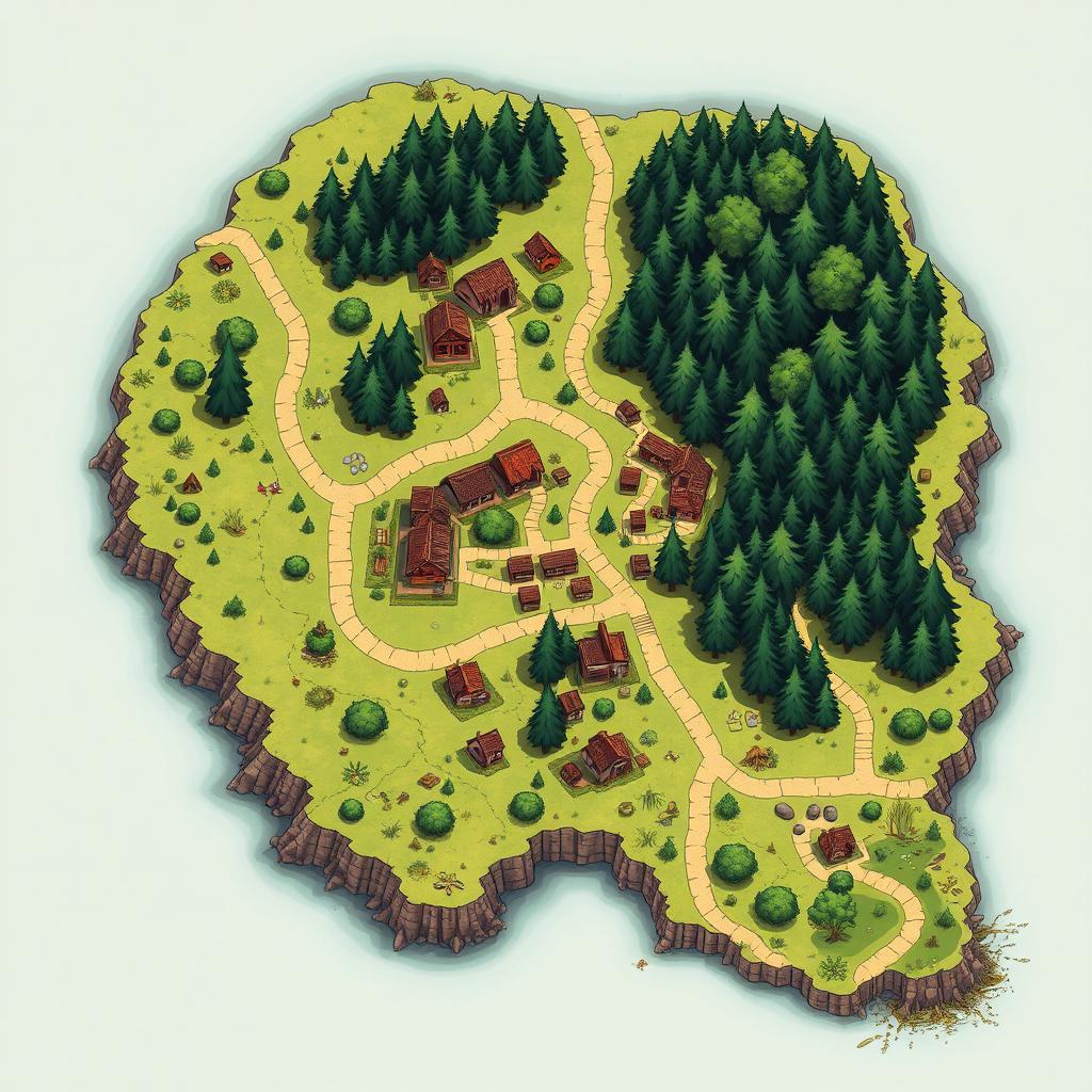 A detailed and artistic map of a village and its surroundings