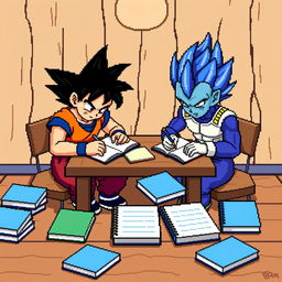 Goku and Vegeta in 8-bit style, sitting at a wooden table, writing in notebooks