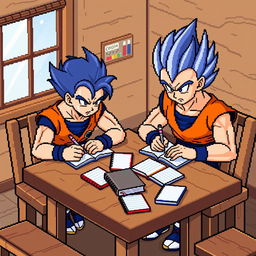 Goku and Vegeta in 8-bit style, sitting at a wooden table, writing in notebooks