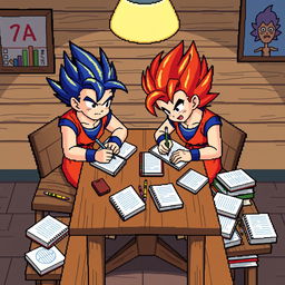 Goku and Vegeta in 8-bit style, sitting at a wooden table, writing in notebooks