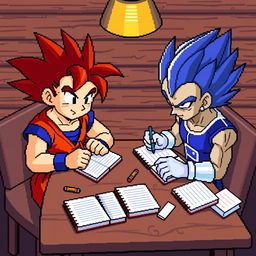 Goku and Vegeta in 8-bit style, sitting at a wooden table, writing in notebooks