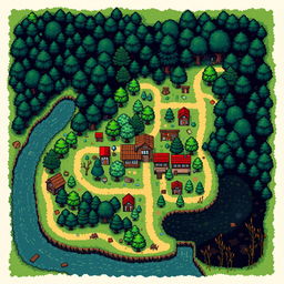 A pixel art style map of a village and its surrounding areas, featuring a serene forest, a dark forest, and a mysterious swamp