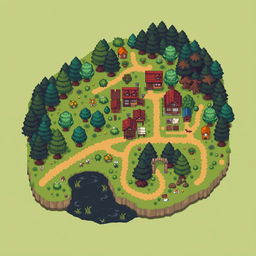 A pixel art style map of a village and its surrounding areas, featuring a serene forest, a dark forest, and a mysterious swamp