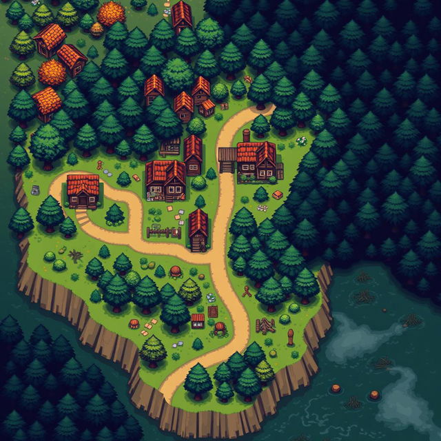 A pixel art style map of a village and its surrounding areas, featuring a serene forest, a dark forest, and a mysterious swamp