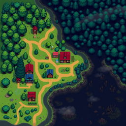 A pixel art style map of a village and its surrounding areas, featuring a serene forest, a dark forest, and a mysterious swamp