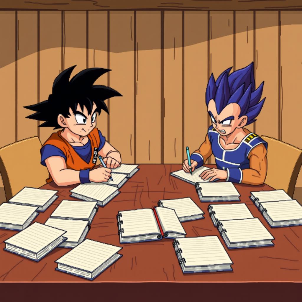 8-bit animation of Goku and Vegeta sitting at a wooden table, both focused on writing in their notebooks