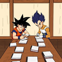 8-bit animation of Goku and Vegeta sitting at a wooden table, both focused on writing in their notebooks