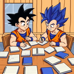 8-bit animation of Goku and Vegeta sitting at a wooden table, both focused on writing in their notebooks