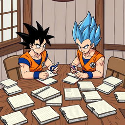 8-bit animation of Goku and Vegeta sitting at a wooden table, both focused on writing in their notebooks