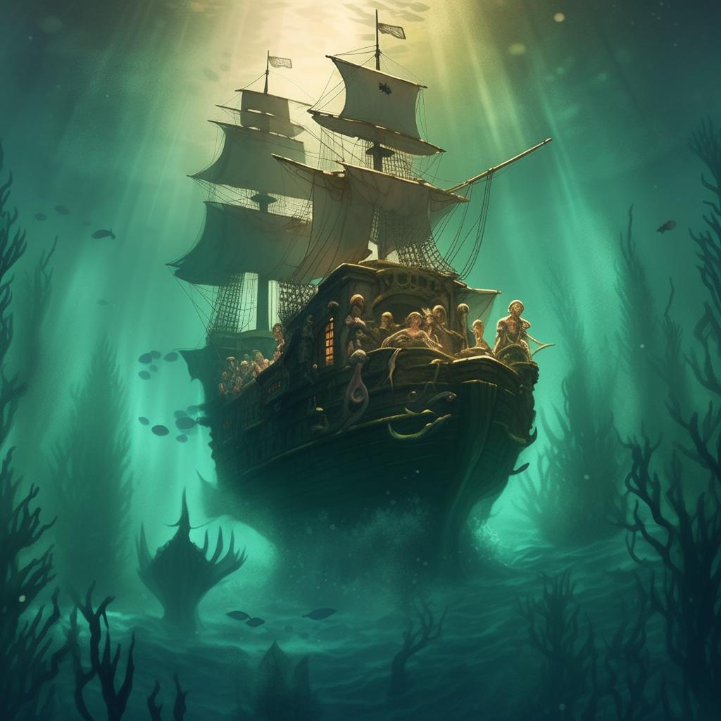 Anime style book cover art with a pirate ship above water and mermaids below water for a novel