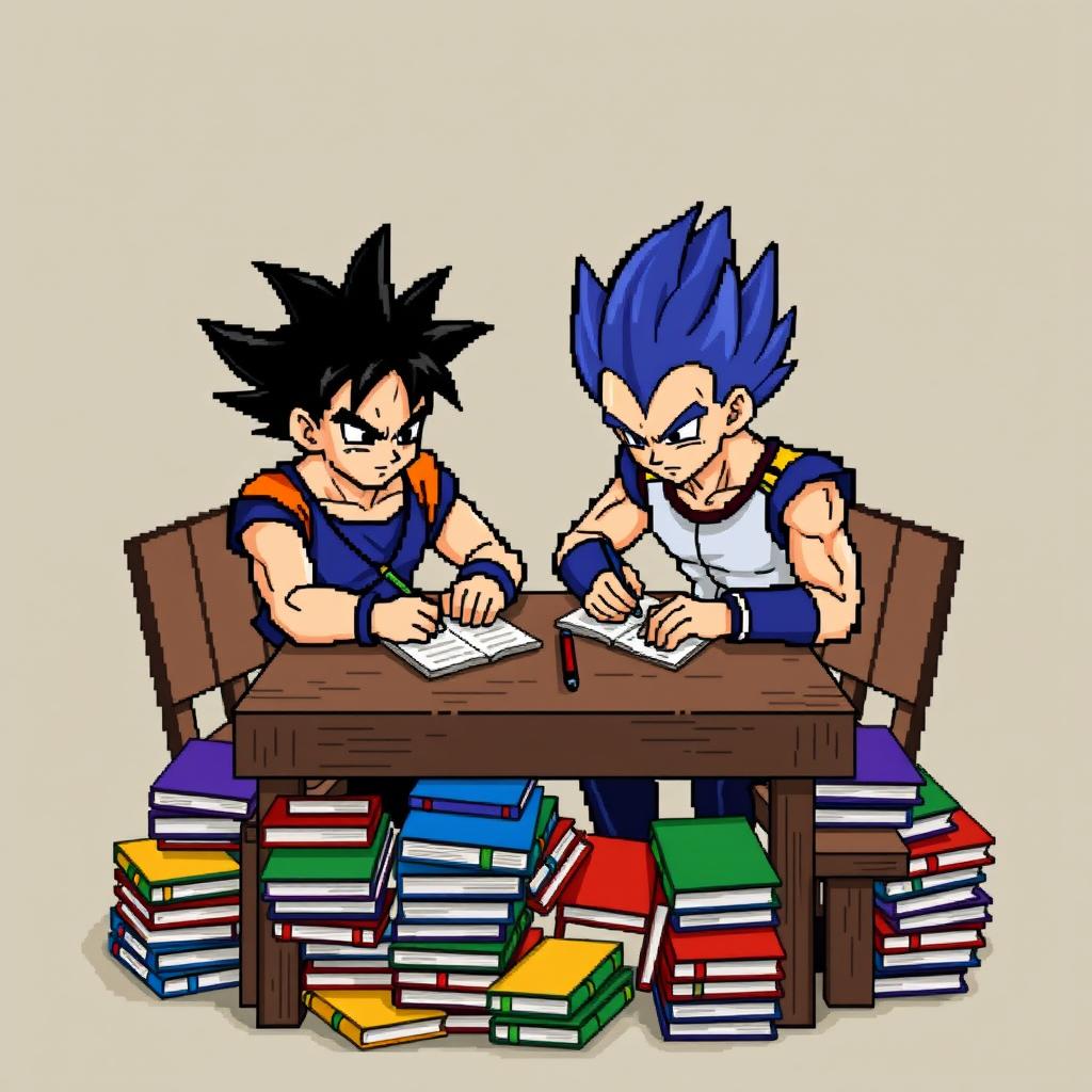 Goku and Vegeta in 8-bit style, sitting together at a wooden table with animated 8-bit graphics