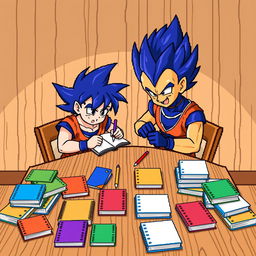 Goku and Vegeta in 8-bit style, sitting together at a wooden table with animated 8-bit graphics