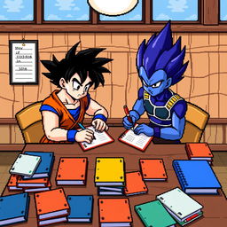 Goku and Vegeta in 8-bit style, sitting together at a wooden table with animated 8-bit graphics