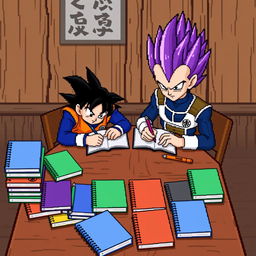 Goku and Vegeta in 8-bit style, sitting together at a wooden table with animated 8-bit graphics