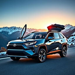 A sleek and modern Toyota RAV4 parked on a scenic mountain road, capturing the vehicle's aerodynamic design and spacious interior visible through open doors