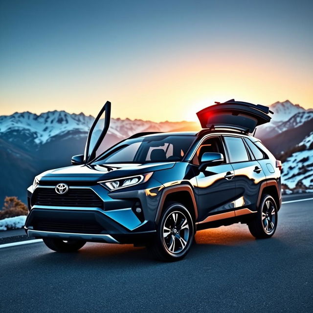 A sleek and modern Toyota RAV4 parked on a scenic mountain road, capturing the vehicle's aerodynamic design and spacious interior visible through open doors