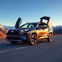 A sleek and modern Toyota RAV4 parked on a scenic mountain road, capturing the vehicle's aerodynamic design and spacious interior visible through open doors