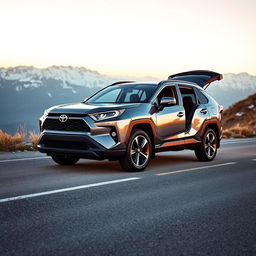 A sleek and modern Toyota RAV4 parked on a scenic mountain road, capturing the vehicle's aerodynamic design and spacious interior visible through open doors