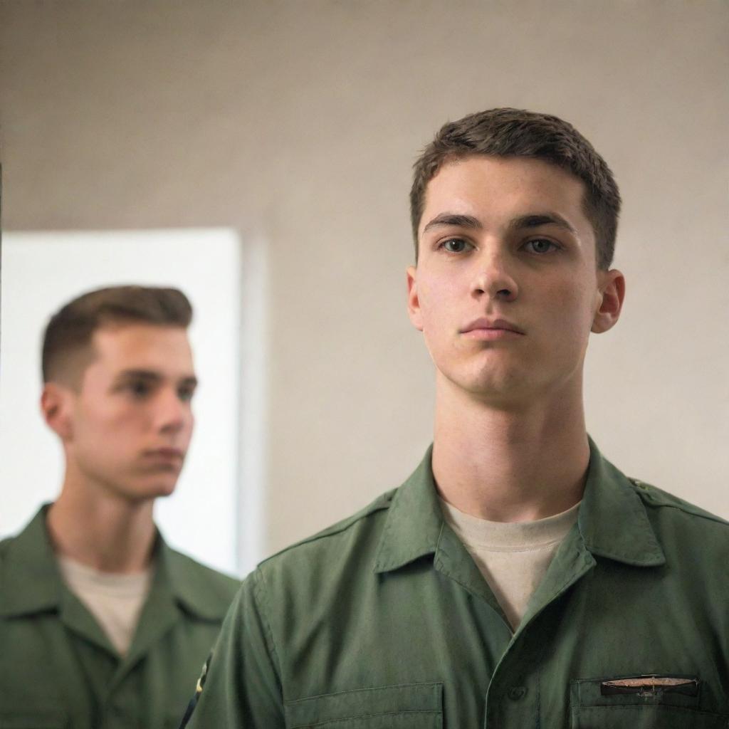 A student looking into a mirror with his reflection revealing him as a military pilot, symbolizing his dream.