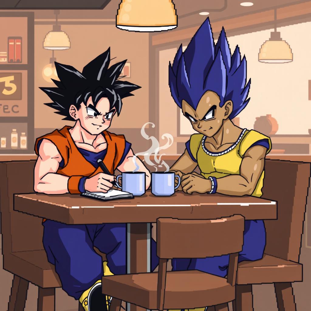 Goku and Vegeta depicted in an 8-bit art style, sitting at a wooden table, writing in a notebook