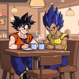 Goku and Vegeta depicted in an 8-bit art style, sitting at a wooden table, writing in a notebook