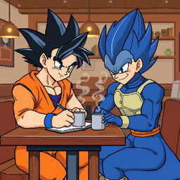 Goku and Vegeta depicted in an 8-bit art style, sitting at a wooden table, writing in a notebook