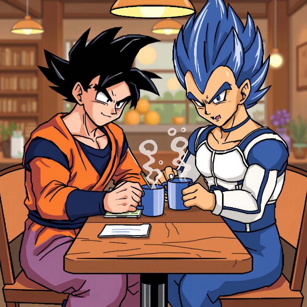 Goku and Vegeta depicted in an 8-bit art style, sitting at a wooden table, writing in a notebook