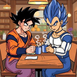 Goku and Vegeta depicted in an 8-bit art style, sitting at a wooden table, writing in a notebook