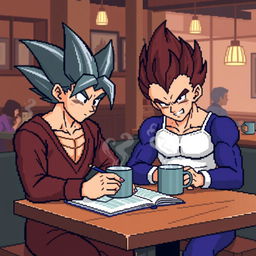 Goku and Vegeta depicted in an 8-bit art style, sitting at a wooden table, writing in a notebook