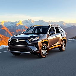 A sleek, grey Toyota RAV4 parked on a scenic mountain road, showcasing the vehicle's aerodynamic design and its spacious interior through open doors