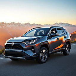 A sleek, grey Toyota RAV4 parked on a scenic mountain road, showcasing the vehicle's aerodynamic design and its spacious interior through open doors