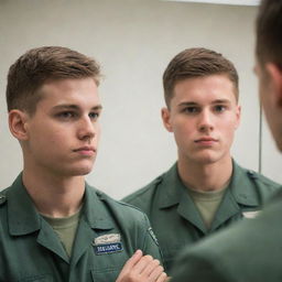 A student looking into a mirror with his reflection revealing him as a military pilot, symbolizing his dream.