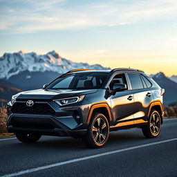 A sleek, grey Toyota RAV4 parked on a scenic mountain road, showcasing the vehicle's aerodynamic design and its spacious interior through open doors