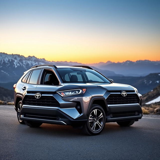 A sleek, grey Toyota RAV4 parked on a scenic mountain road, showcasing the vehicle's aerodynamic design and its spacious interior through open doors