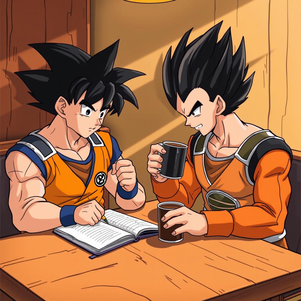 Goku and Vegeta, iconic characters from Dragon Ball Z, are sitting at a wooden table