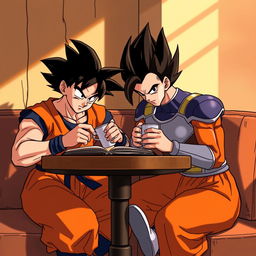 Goku and Vegeta, iconic characters from Dragon Ball Z, are sitting at a wooden table