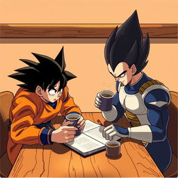 Goku and Vegeta, iconic characters from Dragon Ball Z, are sitting at a wooden table