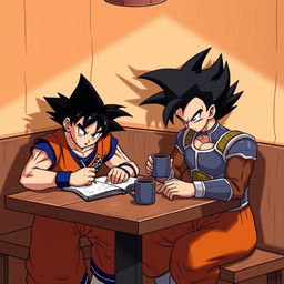 Goku and Vegeta, iconic characters from Dragon Ball Z, are sitting at a wooden table