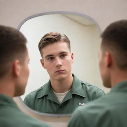 A student looking into a mirror with his reflection revealing him as a military pilot, symbolizing his dream.