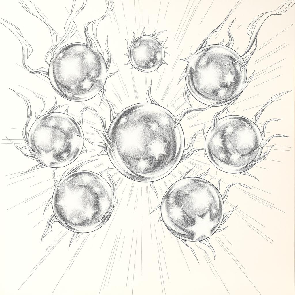 An intricately detailed drawing showcasing seven mystical Dragon Balls from Dragon Ball Z, each hovering in mid-air like luminous orbs, surrounded by swirling energy