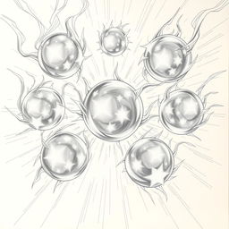 An intricately detailed drawing showcasing seven mystical Dragon Balls from Dragon Ball Z, each hovering in mid-air like luminous orbs, surrounded by swirling energy