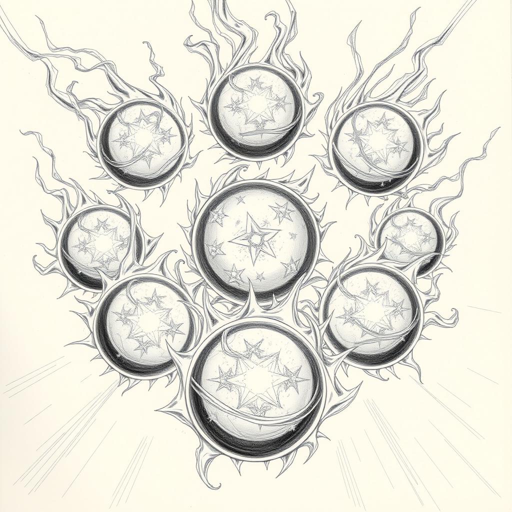 An intricately detailed drawing showcasing seven mystical Dragon Balls from Dragon Ball Z, each hovering in mid-air like luminous orbs, surrounded by swirling energy