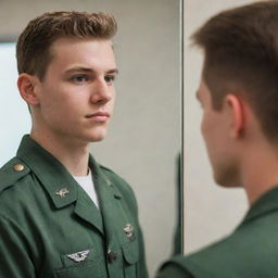 A student looking into a mirror with his reflection revealing him as a military pilot, symbolizing his dream.