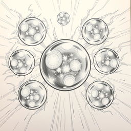 An intricately detailed drawing showcasing seven mystical Dragon Balls from Dragon Ball Z, each hovering in mid-air like luminous orbs, surrounded by swirling energy